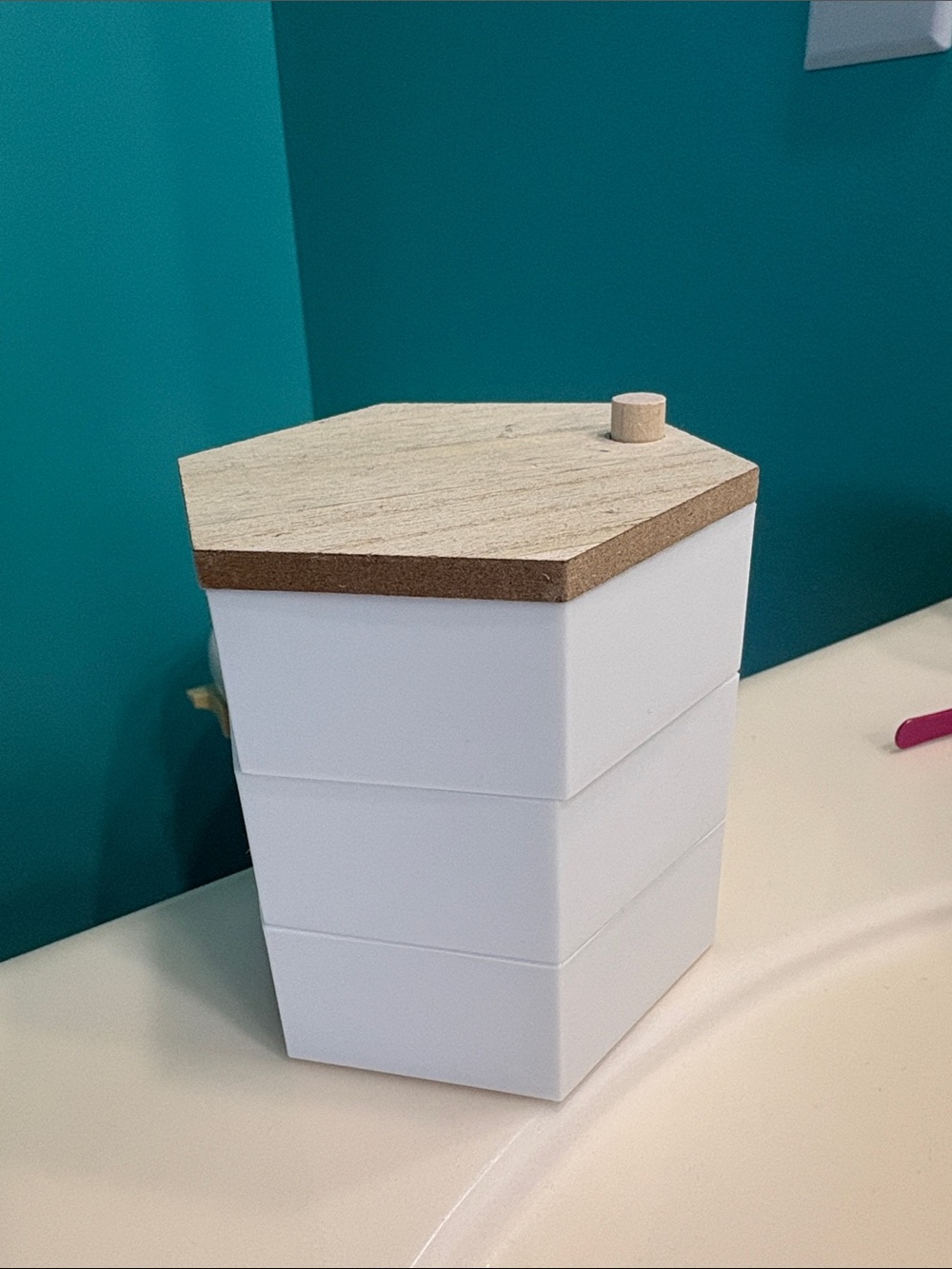 White Stackable Bathroom Storage Box with Wooden Hex Lid